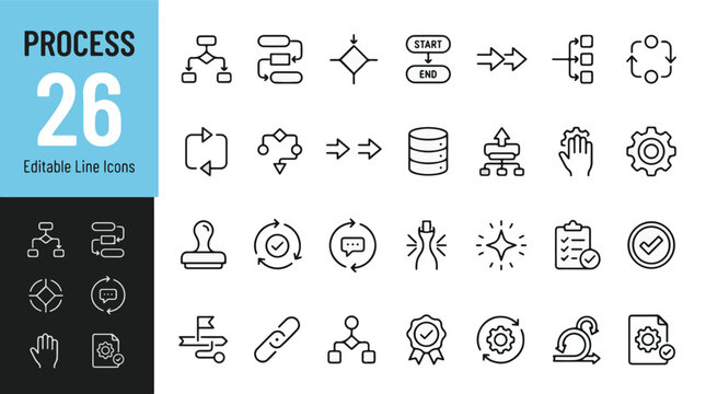 Process Line Editable Icons set. Modern vector illustration in a thin line style of business workflow and project management icons: flowchart, agile methodology, checklist, gear, data, and more.