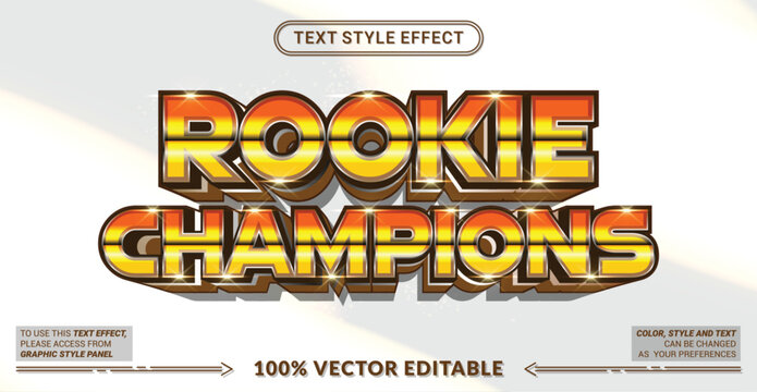 Editable rookie champions text effect with bold sporty style, layered 3D depth, and dynamic colors. Perfect for esports, tournaments, youth competitions, and team branding.