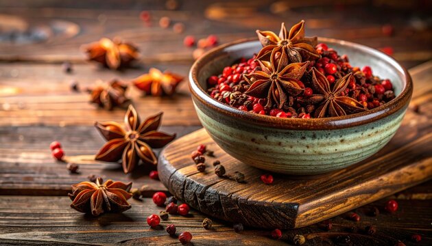 Bowl overflowing with aromatic star anise and vibrant Sichuan peppercorns on a rustic wooden surface, showcasing exotic spices for culinary inspiration.