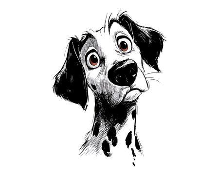 A charming ink sketch of a Dalmatian puppy with expressive eyes and playful spots, captu its adorable personality in a cute illustration.