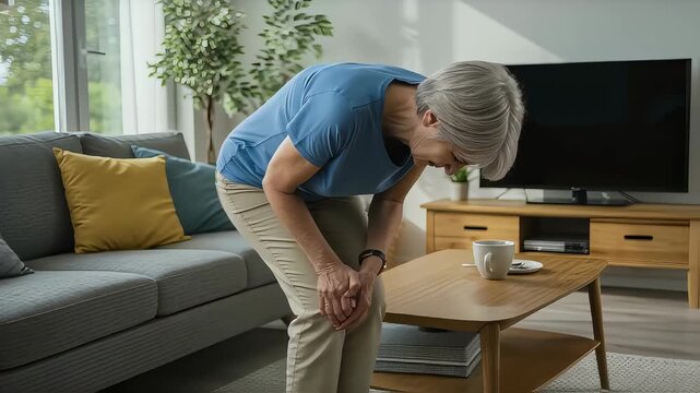 An elderly woman experiences severe knee pain the moment she stands up in the living room.