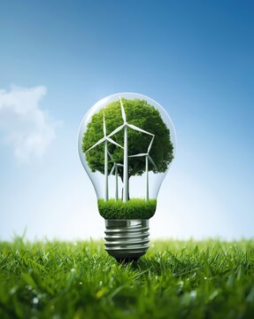Green energy light bulb with wind turbines and a tree inside standing on grass under a bright sunny sky for sustainable power concept