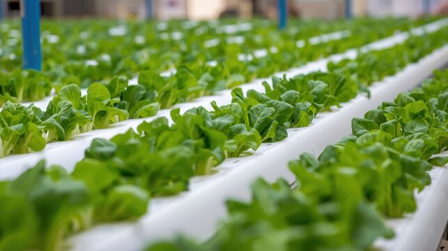 Rows of fresh green lettuce growing in a modern hydroponic greenhouse system for sustainable organic vegetable farming and food production