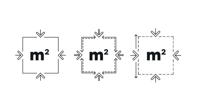 Three icons representing square meter area measurement with arrows and text for construction architecture and real estate.