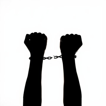 Black silhouette of two hands held up with broken metal chains representing freedom and the end of oppression or captivity for concepts
