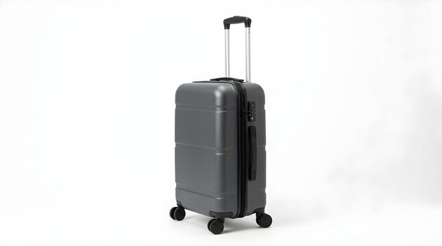 A gray suitcase with a handle and wheels sits on a white surface.