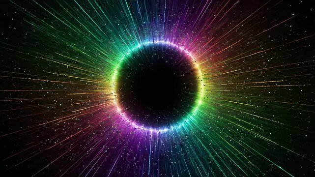 A circular light portal where iridescent particles spread out.