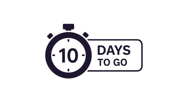 Black stopwatch icon with ten days to go text for event countdowns sales deadlines and project management status announcements.
