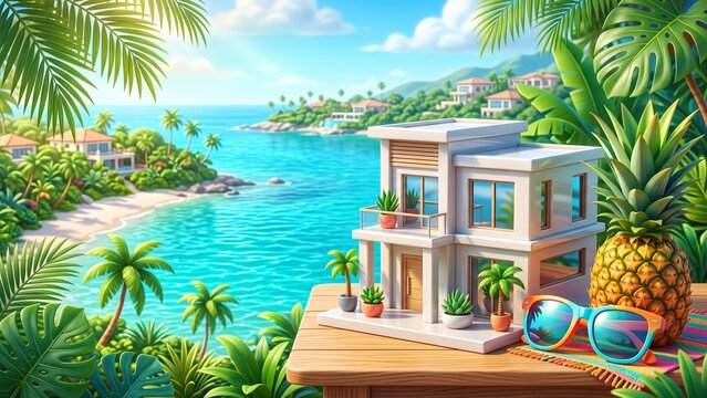 Miniature white house model on wooden table with pineapple and sunglasses. Tropical beach paradise background with palm trees ocean and luxury villas. Summer vacation concept in sunny island resort