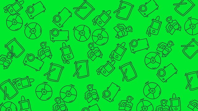 Patterned seamless technology forms a green background for electronic gadgets. Suitable for tech themed designs or futuristic projects. Visually engaging.