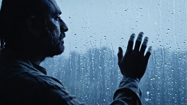 Man gazing out of rain covered window perfect for scenic backgrounds and natural storytelling