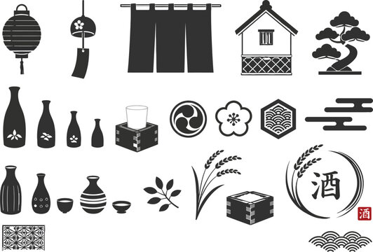 Japanese sake culture icon set, traditional izakaya restaurant symbols,  black vector silhouettes of rice wine bottles and lanterns.