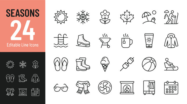 Seasons Line Editable Icons set. Vector illustration in modern thin line style of weather and activity icons: sun, snowflake, pool, barbecue, ice cream, skiing, and more. Isolated on background.
