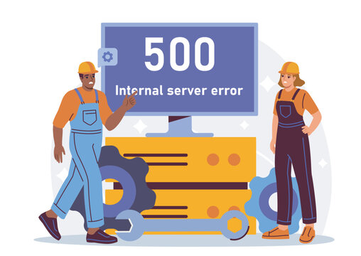 Technicians near a monitor showing 500 internal server error in colorful cartoon style on a light background, presenting a concept of system failure and maintenance. Hand-drawn vector illustration