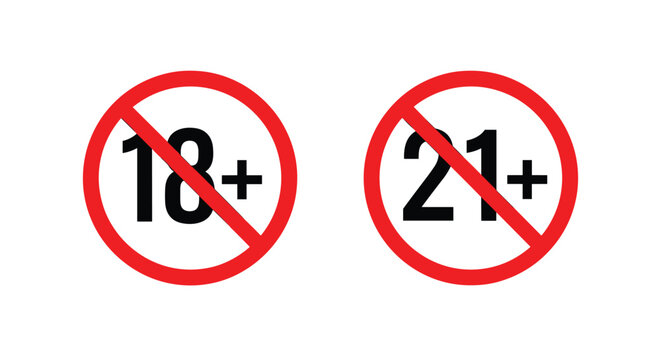 Red circular warning signs indicating age restrictions of eighteen plus and twenty one plus for adult content or legal requirements.