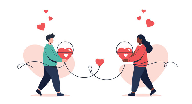Two people holding heart shaped blood bags connected by lines representing blood donation, charity, and saving lives together.