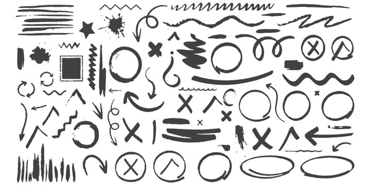 Collection of hand drawn black ink scribble shapes arrows circles and lines for design elements