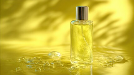Fototapeta premium A tall glass bottle with gold cap filled with yellow liquid is displayed against a blurred, textured golden backdrop. Some bubbles rest nearby