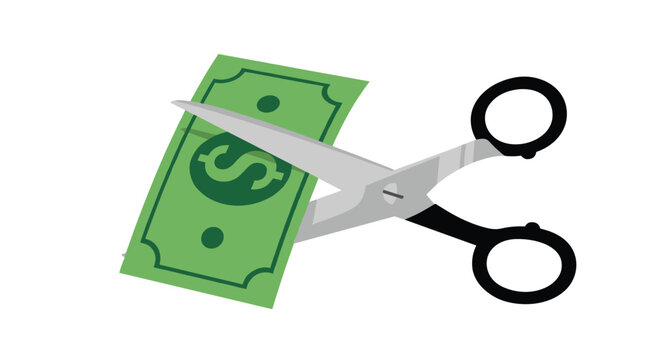 Pair of black and silver scissors cutting a green dollar banknote in half representing budget cuts or financial loss.