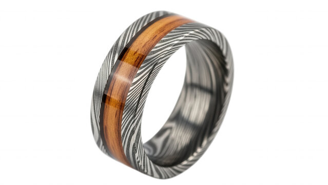 Damascus steel ring with a polished wood inlay band, featuring a wavy metal pattern and a warm brown grain texture on a black background