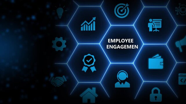Employee engagement and team motivation. Productive people, inspiration. Common goals of the company and employees for sustainability. Touching on employee engagement text sourrounded by engage icons.