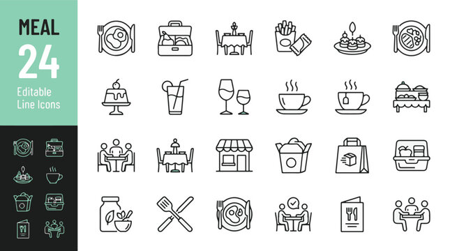 Meal Line Editable Icons set. Vector illustration in a modern thin line style of dining and food related icons: breakfast, restaurant table, takeout box, coffee, buffet, and more. Isolated on white.