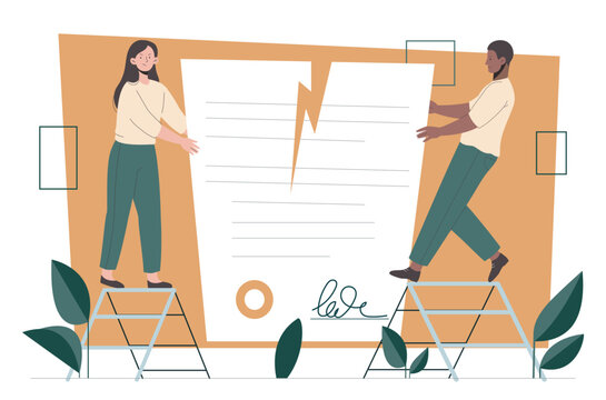Two characters pulling apart a torn contract in flat style on a simple colored backdrop, symbolizing disagreement or breakup. Hand-drawn vector illustration