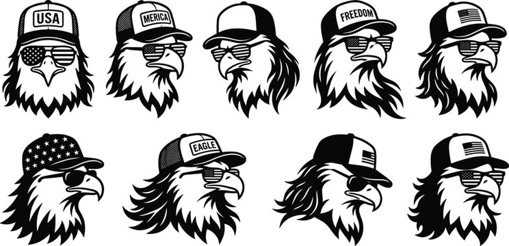 Patriotic Bald Eagle Head Collection Wearing USA Flag Sunglasses and Trucker Hats with Freedom Text for Fourth of July Apparel and T-shirt Graphic Designs