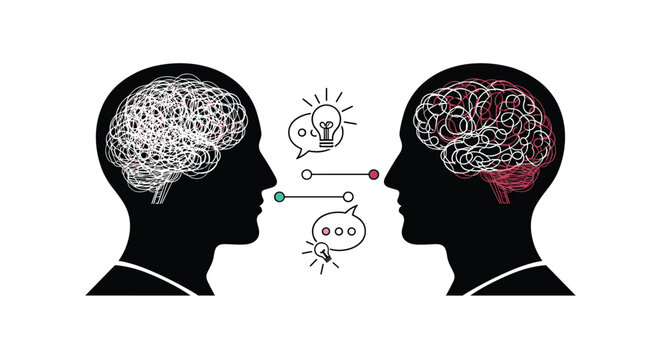 Profile silhouettes of two heads with tangled brain structures connected by icons representing communication and idea sharing.