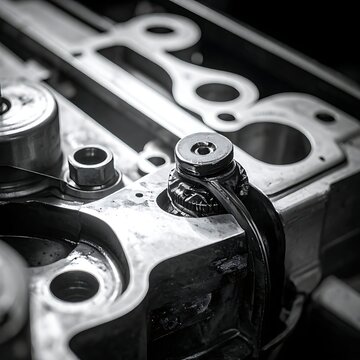Close-up of engine cylinder block.