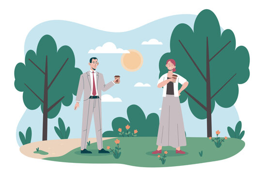 Two people holding coffee outdoors in a simple flat style on a sunny park background, showing a casual lifestyle concept. Hand-drawn vector illustration