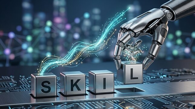 Robotic hand enhancing digital skills with glowing data streams on futuristic interface