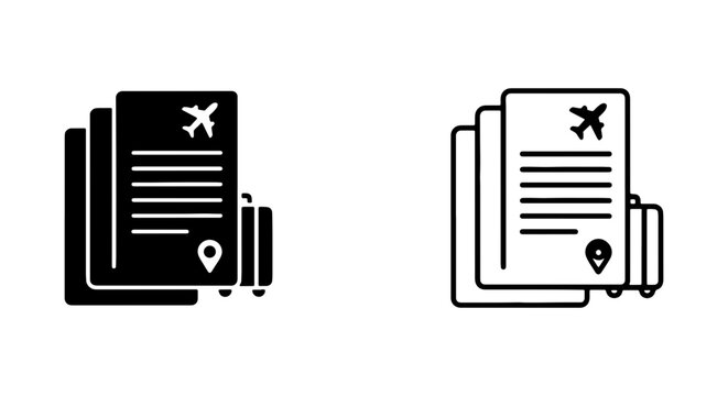 Travel documents, flight tickets, passport icons, travel papers, icons set
