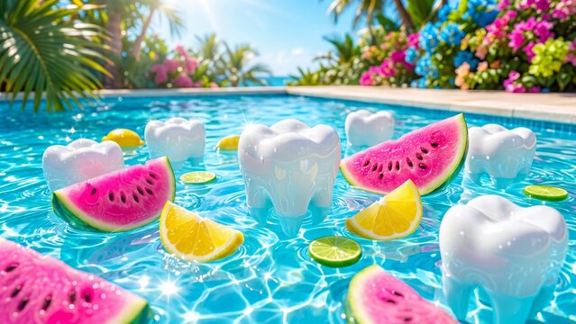 White teeth floating in swimming pool with watermelon lemon and lime slices. Tropical resort scene with palm trees flowers and ocean view. Summer dental health concept for fresh oral hygiene