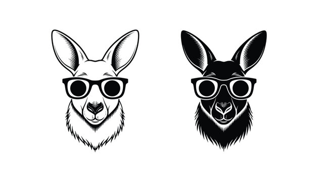 Cool hipster kangaroo head eyeglasses outline solid black silhouette vector illustration unique animal character design