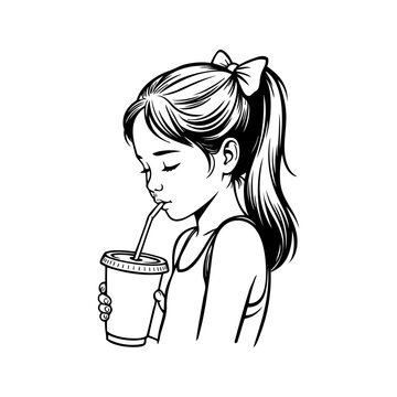 Logotipo con dibujo minimalista con l&iacute;neas de una chica joven bebiendo con una pajita de un vaso de papel en la mano, vista de perfil 