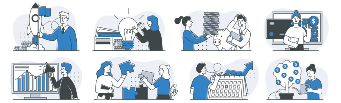 Various people interacting with rockets, lightbulbs, charts, coins, cards, puzzles and money trees in flat graphic style, concept of financial growth. Hand-drawn vector illustration