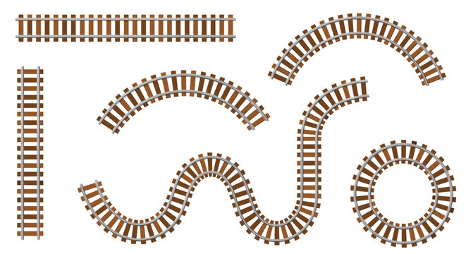 Collection of different railway track sections including straight, curved, s-shape, and circular segments for train sets.