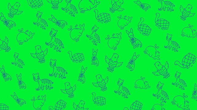 Pattern doodle animals of green turtles on bright green. Perfect for children books, stationery, and nature themed designs. Playful and vibrant.