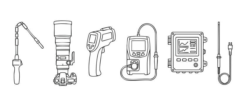 Industrial Measurement Tools and Camera Equipment Outline Icon Set for Engineering and Technical Inspection Projects, featuring Sensors, Thermal Scanners, and Digital Data Monitoring Devices on White