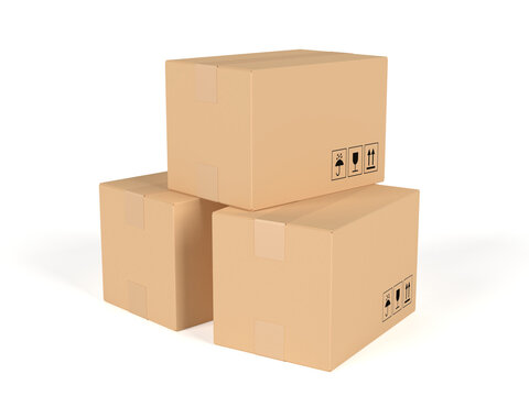Three cardboard boxes. Blank. Closed. Isolated. 3d illustration.
