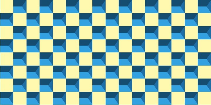 ​Abstract geometric 3D pattern with yellow squares and blue recessed cubes. Seamless vector background of isometric box grid for modern graphic design, wallpaper, and creative textures.