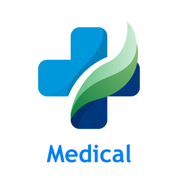 Logo Medical. S&iacute;mbolo de medicina natural. Ilustraci&oacute;n con silueta de hoja de planta verde con una cruz azul