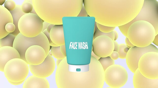 Face wash tube moves up and down in a seamless loop among soft yellow spheres, clean skincare product animation for beauty branding, cosmetic ads and promo visuals, 3D animation