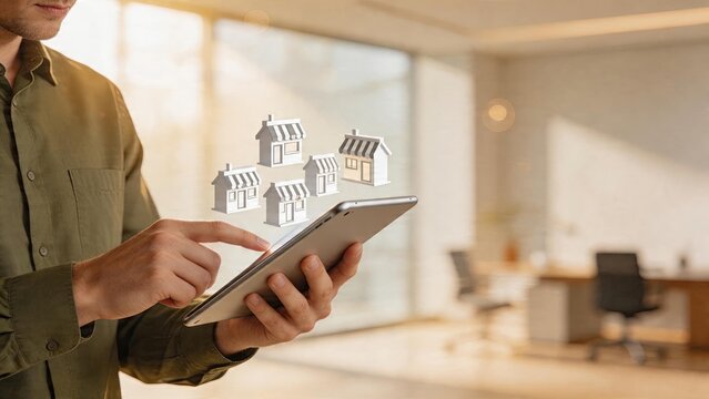 Businessman holding tablet device viewing holographic small shop models digital real estate agency property management application interface online store portfolio display modern
