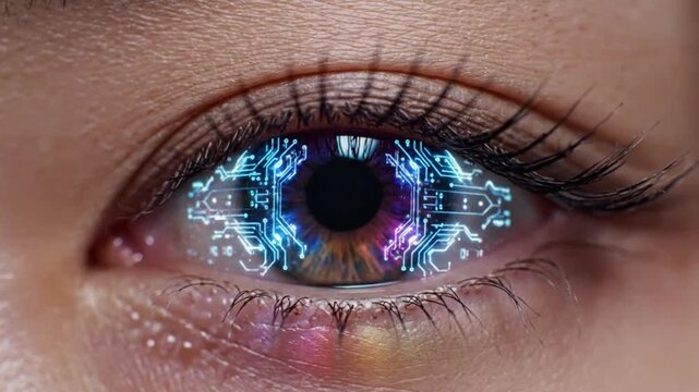 Closeup of an eye with digital circuit overlay symbolizing conceptual art and dynamic energy