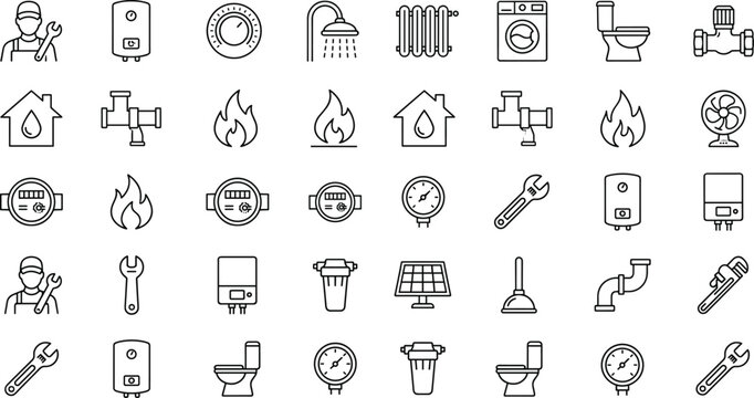 Plumbing and Home Utility Icon Set with Water, Gas, Heating, Maintenance, and Repair Symbols for Household and Service Designs