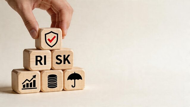 Business man hand stacking wooden building blocks to form pyramid with risk management symbols protection shield icon chart growth arrow database storage stack and umbrella