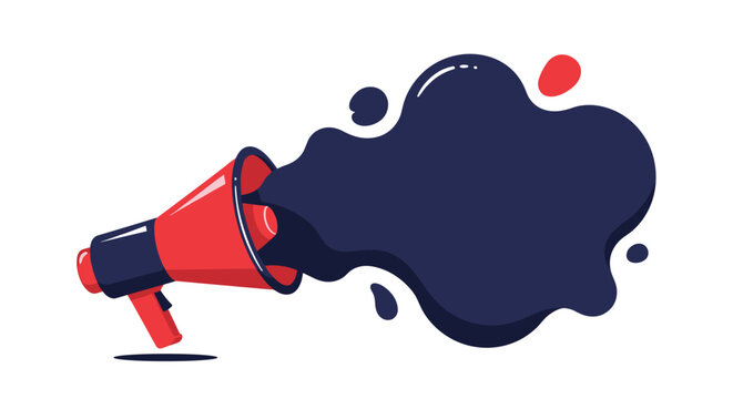 Red and black megaphone releases a large dark liquid splash or cloud against a plain white background for creative concepts.