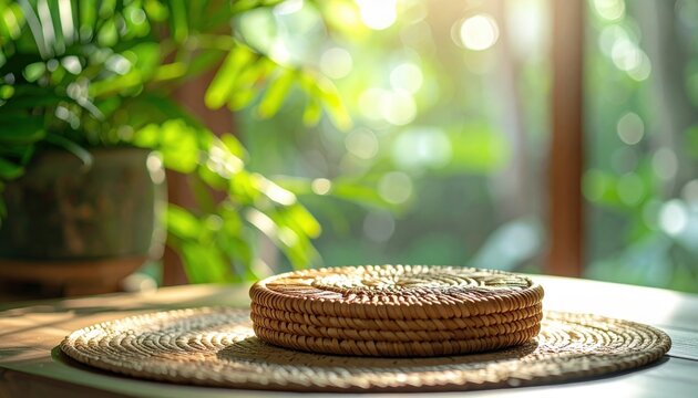 Woven rattan paperweight on a textured surface with soft outdoor bokeh and sunlight